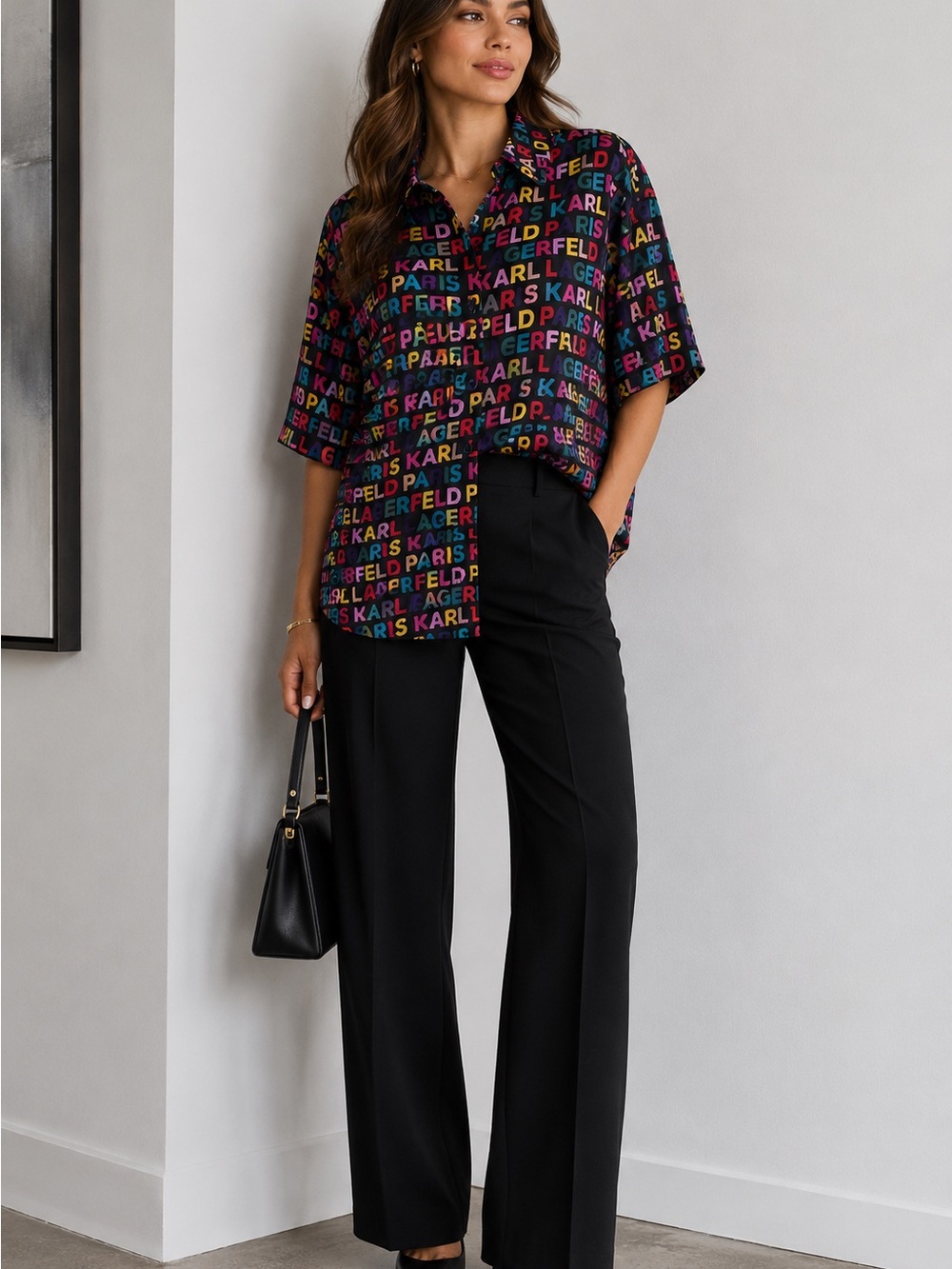Karl Lagerfeld Black Wide-Leg Trousers with Multicolor Logo Shirt